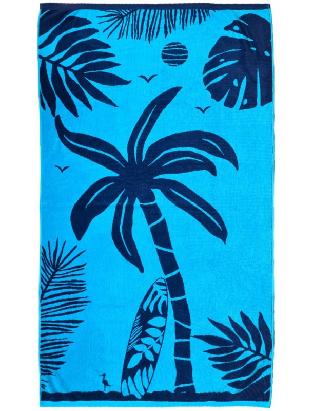 Ensemble de 2 serviettes de plages en jacquard - Rayures en mer vert et coucher de soleil tropicale